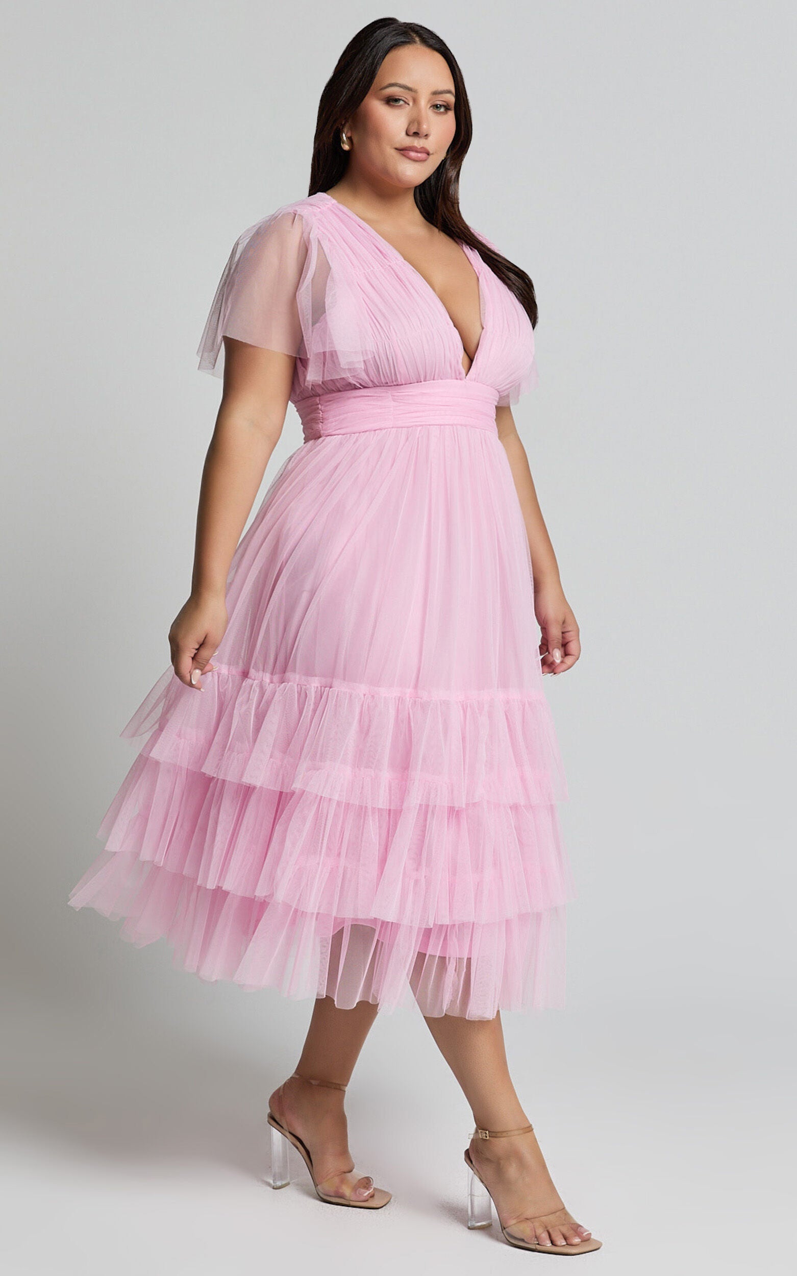 Jiraye Midi Dress - Flutter Sleeve Tuelle Plunge Dress in Ballet Pink